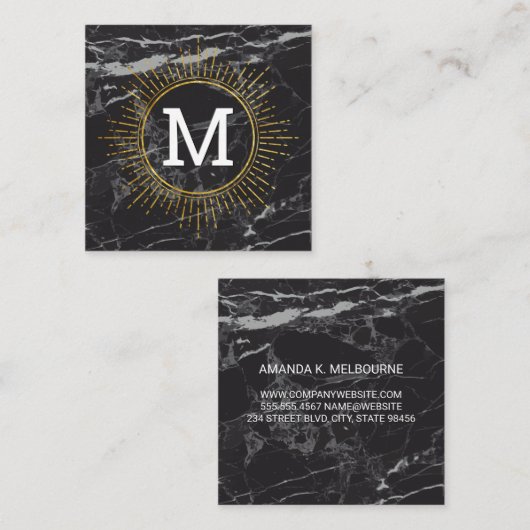 Monogram | Golden Shine | Black Marble Vierkante Visitekaartje (Voorkant / Achterkant)
