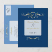 Monogram Golden Swirls Elegant Blue RSVP Uitnodiging Briefkaart (Voorkant / Achterkant)