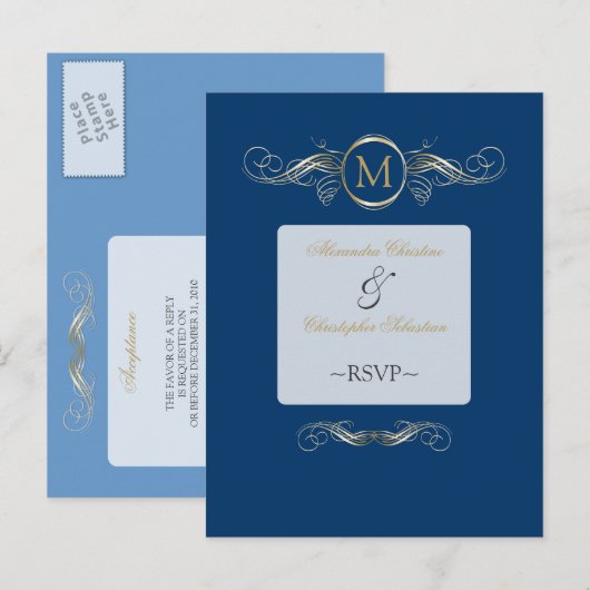 Monogram Golden Swirls Elegant Blue RSVP Uitnodiging Briefkaart (Voorkant / Achterkant)