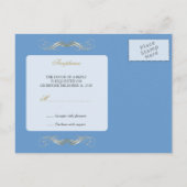 Monogram Golden Swirls Elegant Blue RSVP Uitnodiging Briefkaart (Achterkant)