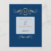 Monogram Golden Swirls Elegant Blue RSVP Uitnodiging Briefkaart (Voorkant)