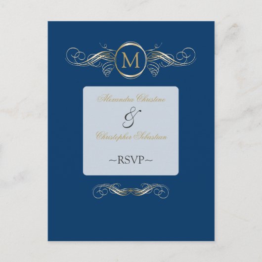 Monogram Golden Swirls Elegant Blue RSVP Uitnodiging Briefkaart (Voorkant)