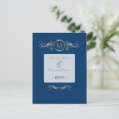 Monogram Golden Swirls Elegant Blue RSVP Uitnodiging Briefkaart (Staand voorkant)