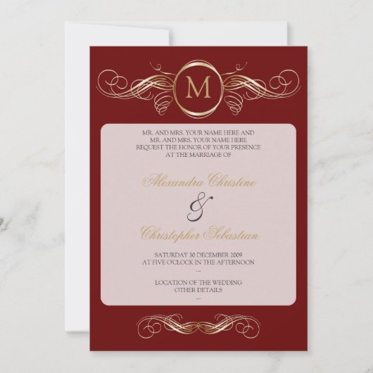 Monogram Golden Swirls Elegant Red Wedding Kaart (Voorkant)
