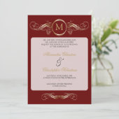 Monogram Golden Swirls Elegant Red Wedding Kaart (Staand voorkant)