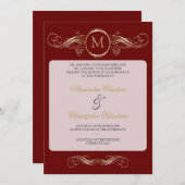 Monogram Golden Swirls Elegant Red Wedding Kaart (Voorkant / Achterkant)