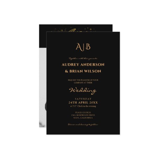 Monogram Golden Typography Foto Wedding Kaart (Voorkant / Achterkant in situ)