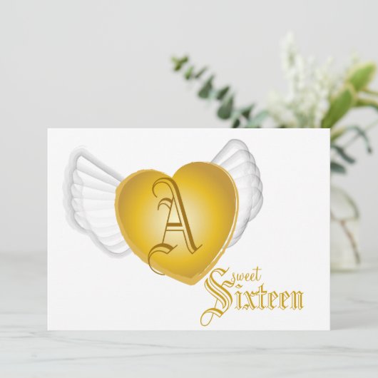 Monogram Golden Winged Heart Sweet 16-Cust. Kaart (Staand voorkant)