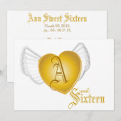 Monogram Golden Winged Heart Sweet 16-Cust. Kaart (Voorkant / Achterkant)