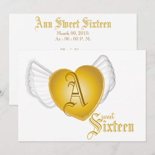 Monogram Golden Winged Heart Sweet 16-Cust. Kaart (Voorkant / Achterkant)