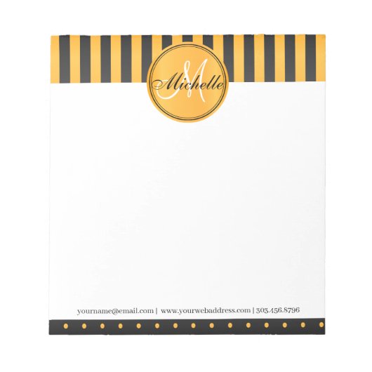 Monogram Golden Yellow en Black Polka Dot Stripes Notitieblok (Voorkant)