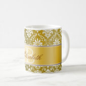 Monogram Golden Yellow en White Damask Koffiemok (Voorkant rechts)
