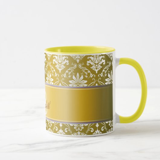 Monogram Golden Yellow en White Damask Mok (Rechts)