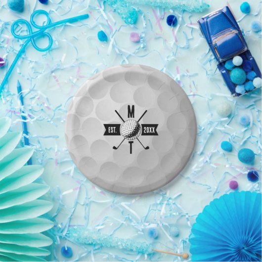 Monogram Golf Ball Texture & Club Initiaal Papieren Bordje (Feest)
