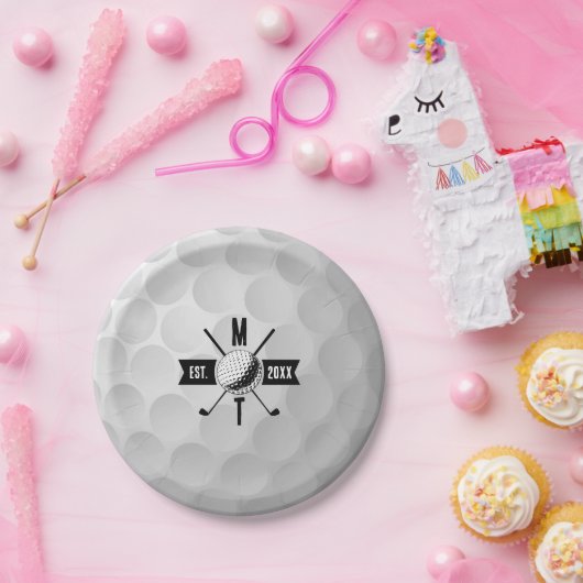 Monogram Golf Ball Texture & Club Initiaal Papieren Bordje (Feest)