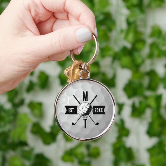 Monogram Golf Ball Texture & Club Initiaal Sleutelhanger (Hand)