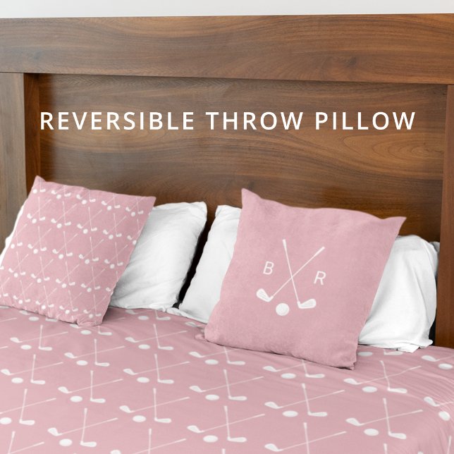 Monogram Golf Club Pattern Pink Reversible Modern Kussen (Clean, modern golf style in blush pink and white.)