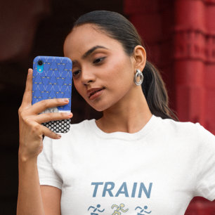 Monogram golfpatronen blauw zwart iPhone 15 mini hoesje