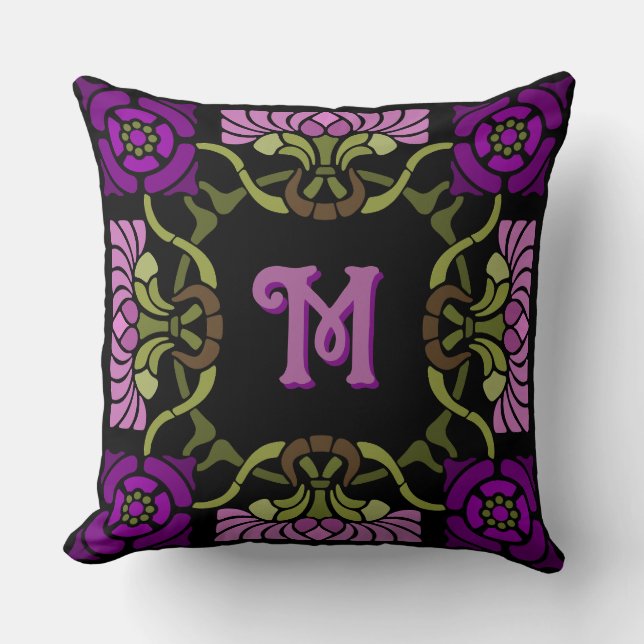 Monogram Gothic Art Nouveau Roos en Dahlia Purples Kussen (Voorkant)