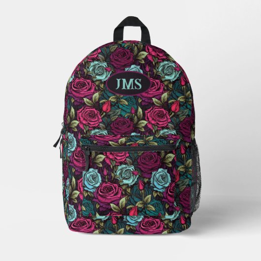 Monogram Gothic Rose Roze Paars en Blauwe Bloem Bedrukte Rugzak (Voorkant)