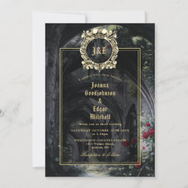 Monogram Gothic Ruins Roses Floral Wedding Kaart