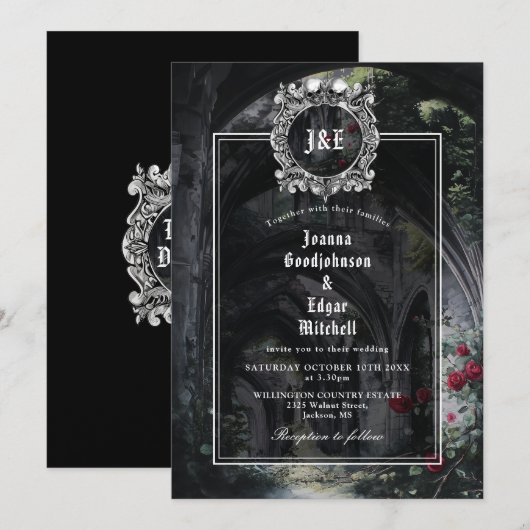 Monogram Gothic Ruins Roses Floral Wedding Kaart (Voorkant / Achterkant)