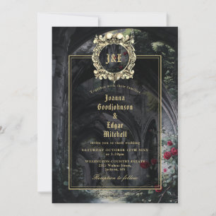 Monogram Gotische Ruïnes Rozen Bloemen Bruiloft Kaart