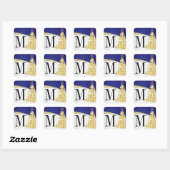 Monogram Goud & Blauw Vrolijk Kerstfeest Vierkante Sticker (Vel)
