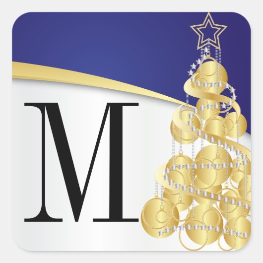 Monogram Goud & Blauw Vrolijk Kerstfeest Vierkante Sticker (Voorkant)