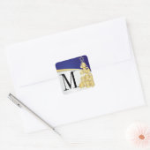 Monogram Goud & Blauw Vrolijk Kerstfeest Vierkante Sticker (Envelop)
