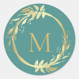 Monogram Goud Blauwgroen Kerstmis Krans Envelop Se Ronde Sticker
