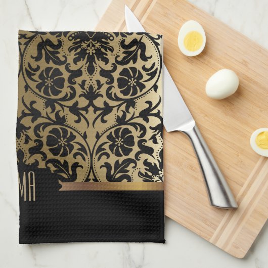 Monogram goud & bloemen damast patroon theedoek (Quarter Fold)