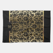 Monogram goud & bloemen damast patroon theedoek (Horizontaal)