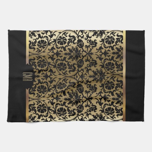 Monogram goud & bloemen damast patroon theedoek (Horizontaal)