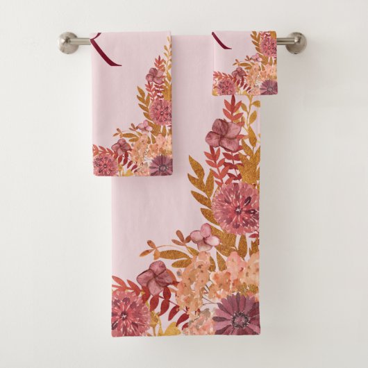 Monogram Goud Bourgogne Herfst Bloemen Bad Handdoek (Insitu)