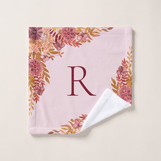 Monogram Goud Bourgogne Herfst Bloemen Bad Handdoek (Wasdoekje)