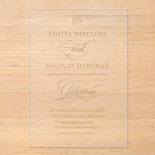 Monogram Goud Elegante Kalligrafie Huwelijk Acryl Uitnodigingen (Voorkant)