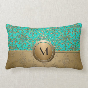 Monogram Goud en Turquoise Groen Damast Kussen