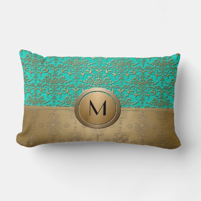 Monogram Goud en Turquoise Groen Damast Kussen (Voorkant)
