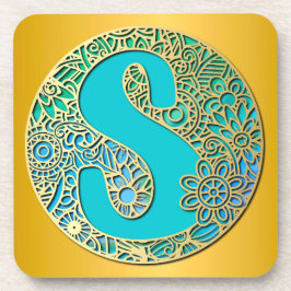 Monogram Goud en Turquoise S en Kleurrijke Bloemen Bier Onderzetter