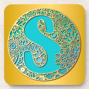 Monogram Goud en Turquoise S en Kleurrijke Bloemen Bier Onderzetter