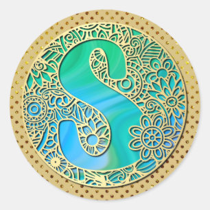 Monogram Goud en Turquoise S en Kleurrijke Bloemen Ronde Sticker