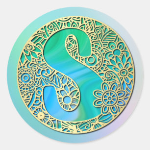 Monogram Goud en Turquoise S en Kleurrijke Bloemen Ronde Sticker