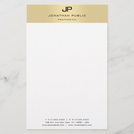 Monogram Goud en Wit Moderne Elegante Sjabloon Briefpapier (Voorkant)
