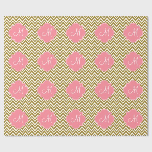 Monogram goud en witte Chevron Patroon met roze Cadeaupapier (Vlak)