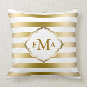 Monogram goud en witte strepen geometrisch patroon kussen