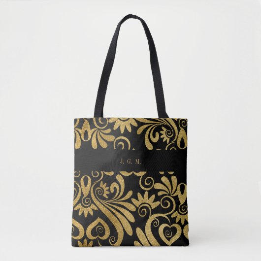 Monogram Goud en Zwart Elegant Swirls Tote Bag (Voorkant)