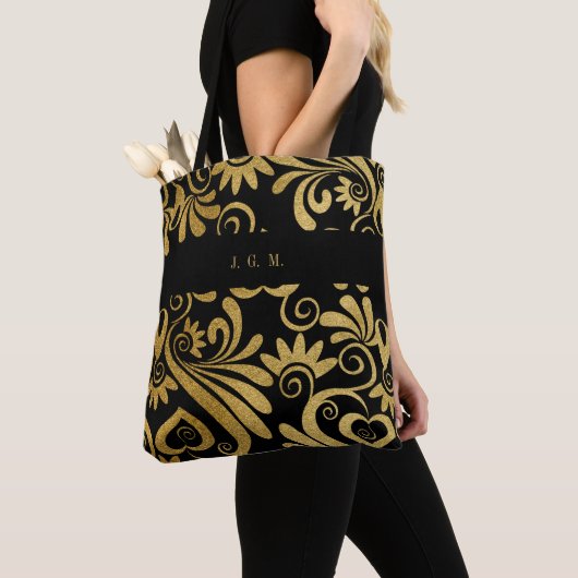 Monogram Goud en Zwart Elegant Swirls Tote Bag (Dichtbij)
