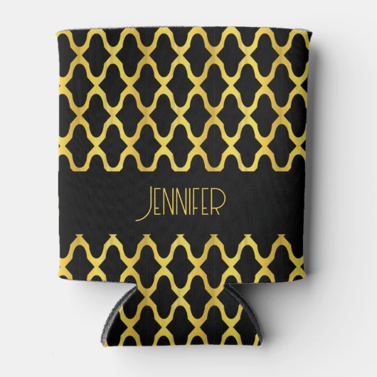 Monogram goud en zwart quatrefoil patroon blikjeskoeler (Voorkant)