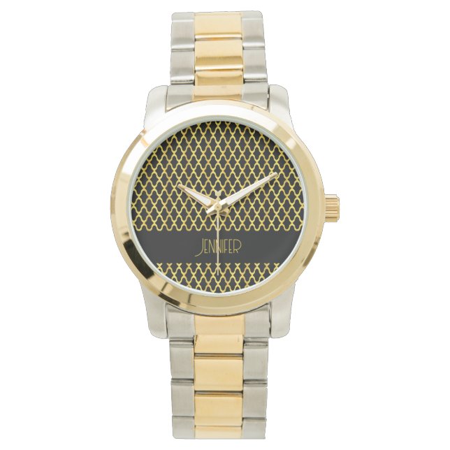 Monogram goud en zwart quatrefoil patroon horloge (Voorkant)